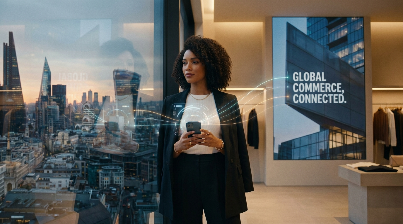 Modern global retail storefront with digital connectivity overlays
